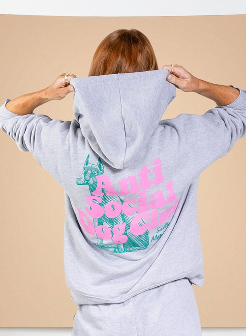 Salty Mermaid Anti-Social Dog Club heather gray oversized hoodie with pink and teal dog graphic on back