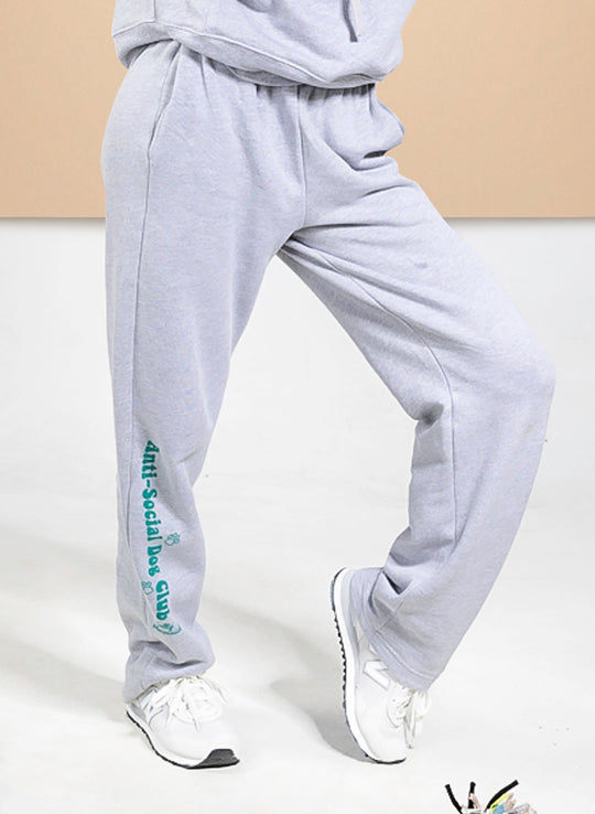 Heather gray Salty Mermaid sweatpants with teal Anti-Social Dog Club leg graphic, paw print details, and dog lover design