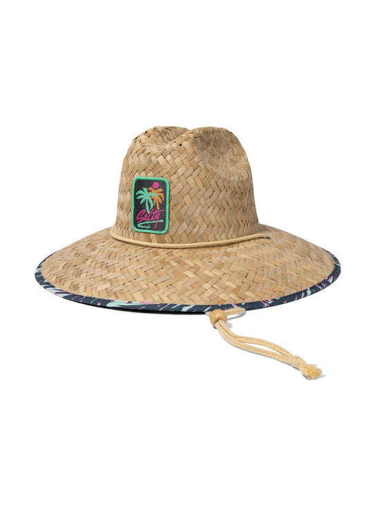 Bayside Shady Beach straw sun hat with wide brim, adjustable chin cord and custom Salty Mermaid palm print patch.