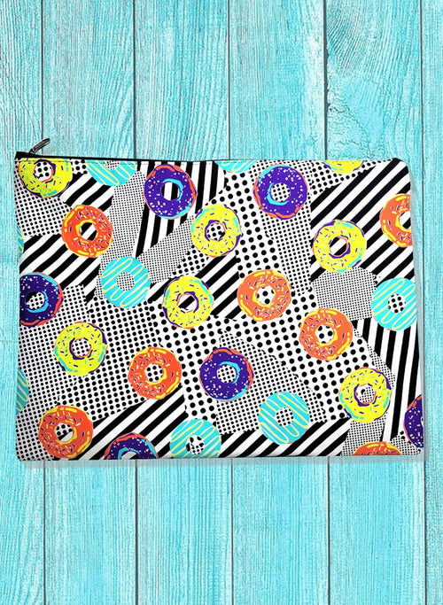Donut and geometric patterned Bikini Bag Zipper Tote by salty mermaid swimwear.