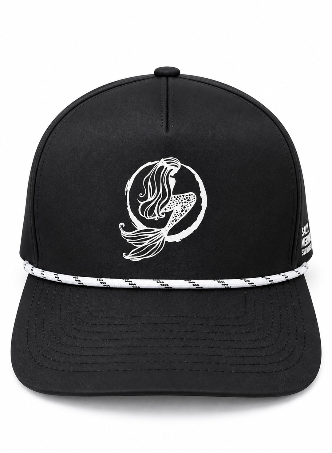 Angled view of Salty Mermaid black waterproof golf hat with white mermaid logo, nautical rope trim, and perforated sides.