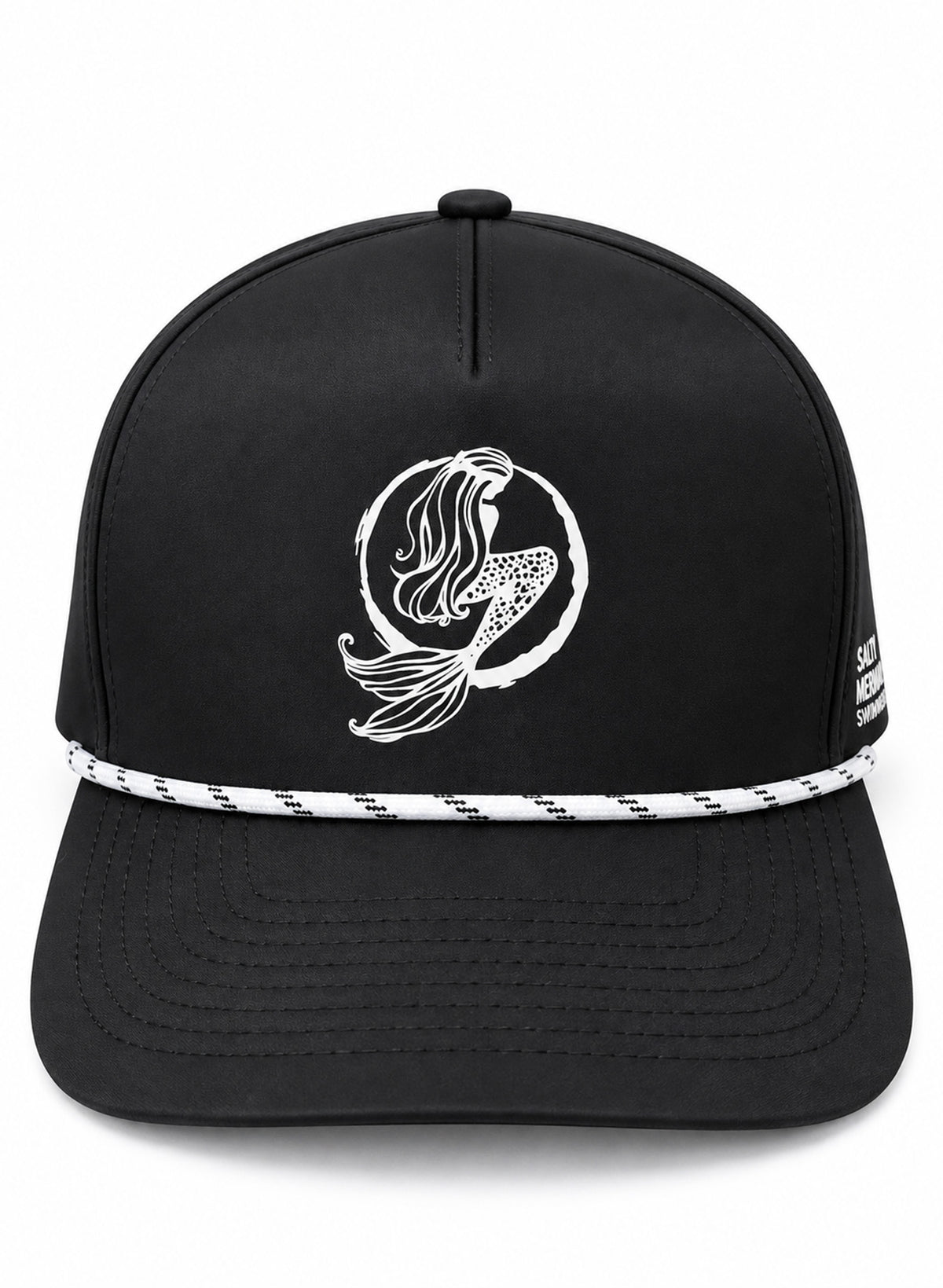 Angled view of Salty Mermaid black waterproof golf hat with white mermaid logo, nautical rope trim, and perforated sides.