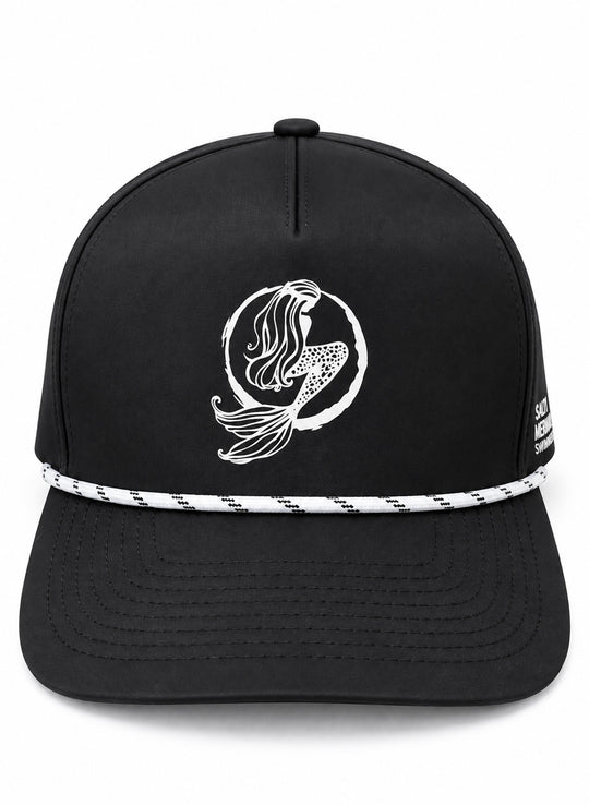 Angled view of Salty Mermaid black waterproof golf hat with white mermaid logo, nautical rope trim, and perforated sides.