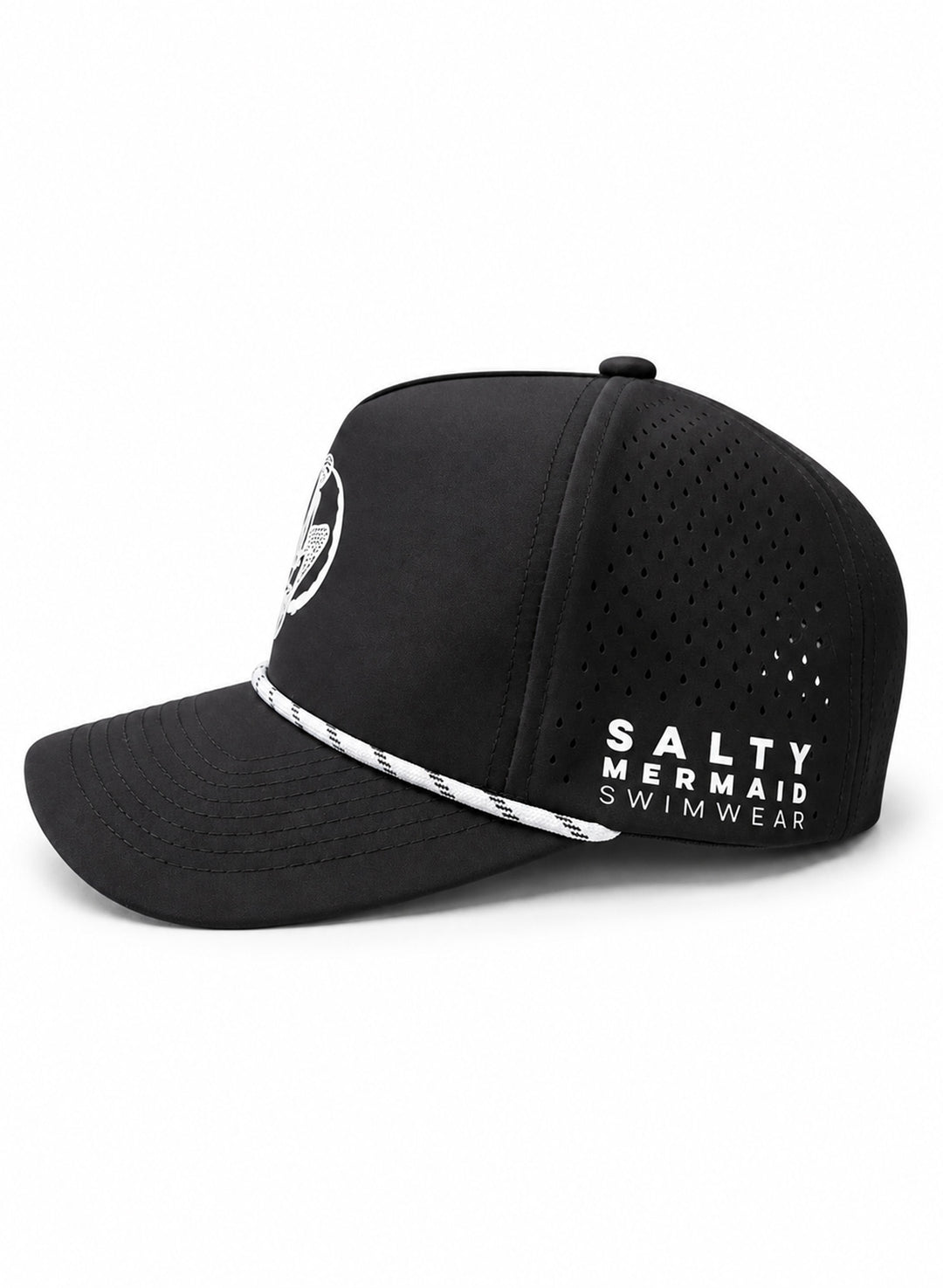 Side view of Salty Mermaid black golf hat showing teardrop perforations, white brand lettering, and nautical rope above the brim.
