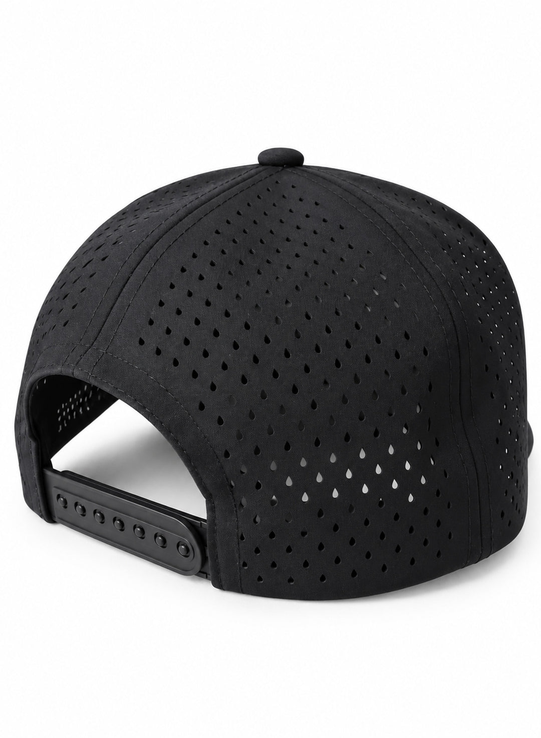 Rear view of Salty Mermaid black waterproof snapback hat with perforated panels and an adjustable black closure.
