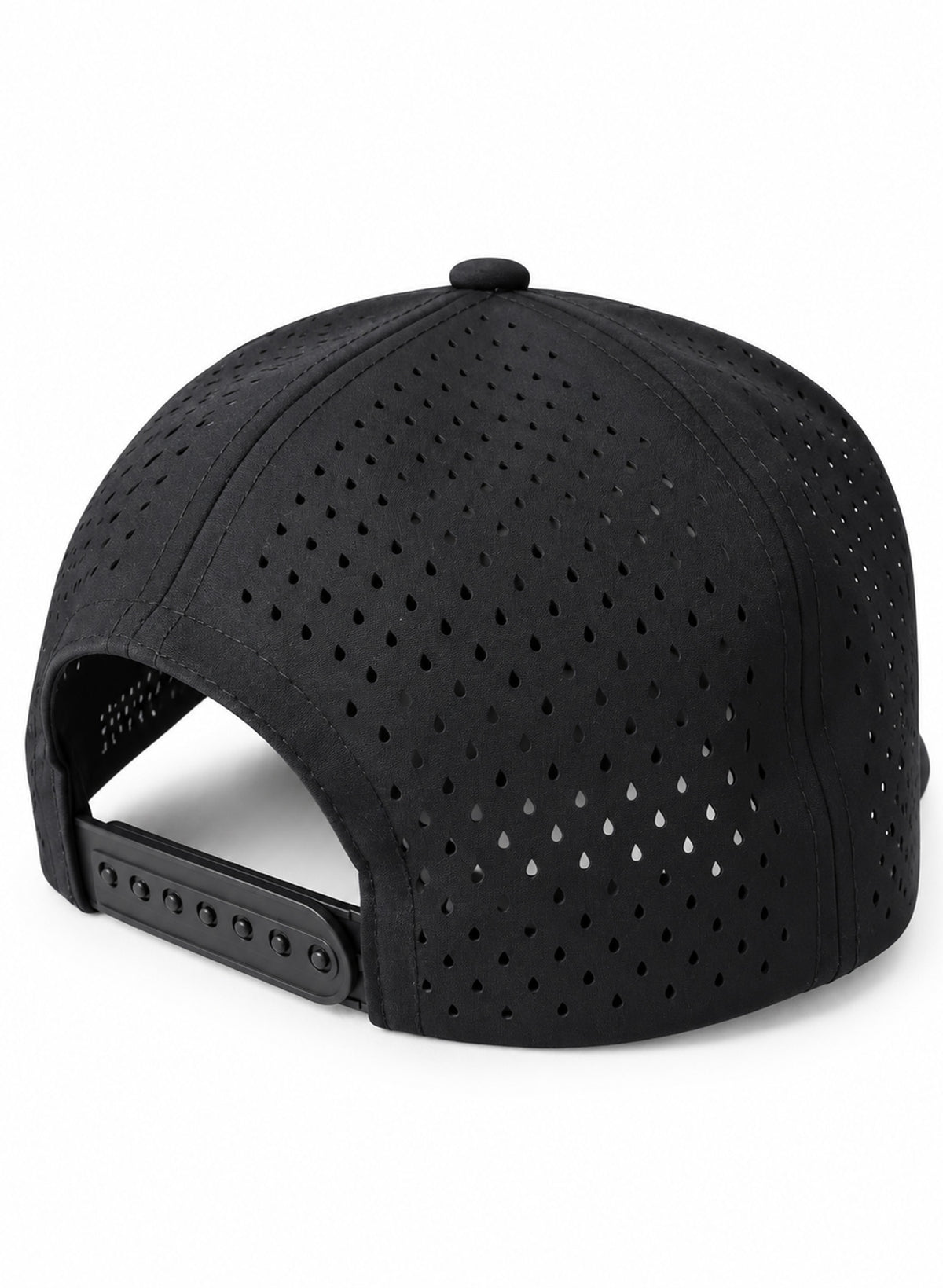 Rear view of Salty Mermaid black waterproof snapback hat with perforated panels and an adjustable black closure.
