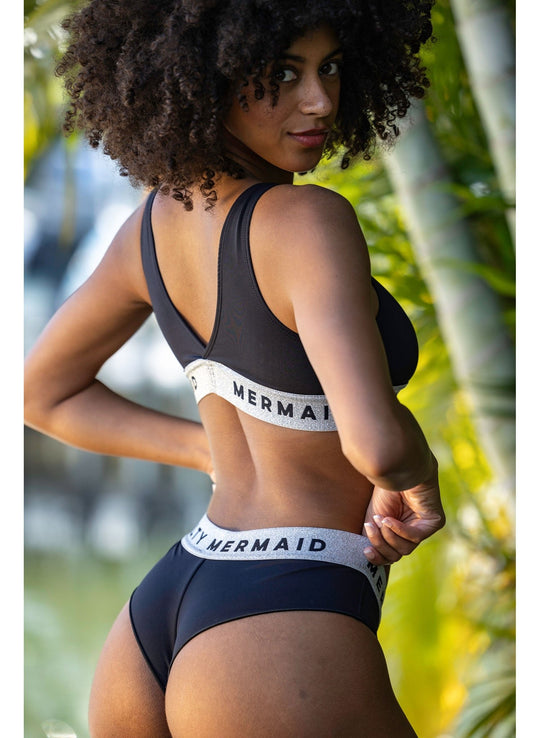 women's black banded bikini with sporty logo banding and cheeky cut bottom fit with silver jacquard band