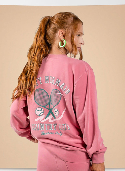 Salty Mermaid pink Country Club crewneck sweatshirt with oversized fit and Members Only tennis racket graphic on back