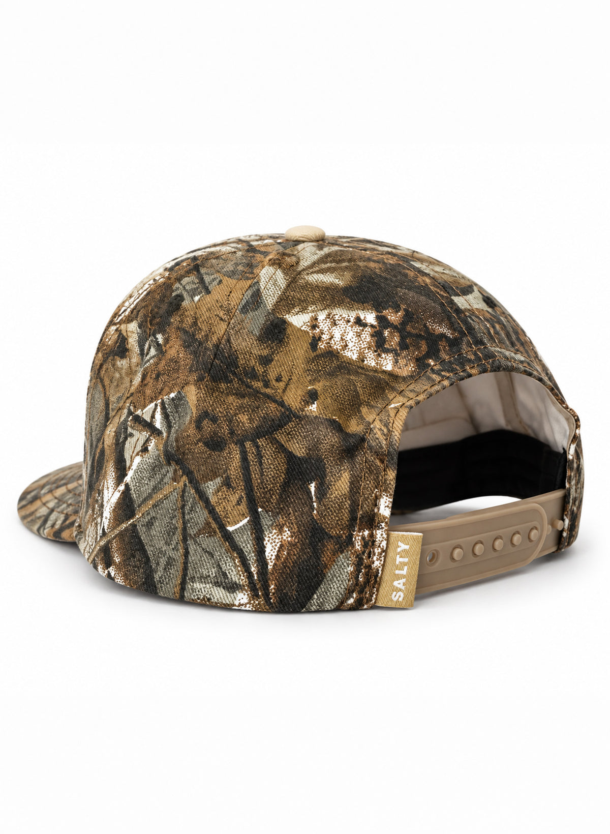 Rear view of the Salty Mermaid Dark Woodland camo hat, showing the leafy brown and olive print, tan snapback closure, and SALTY tag on white.