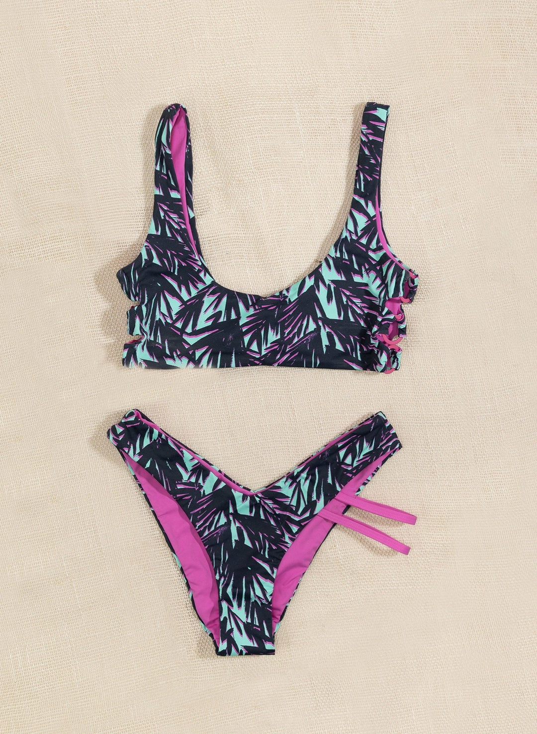 Emma Ring-Side Scoop Neck Bikini Top - Shady Beach Green Palm Leaf Print