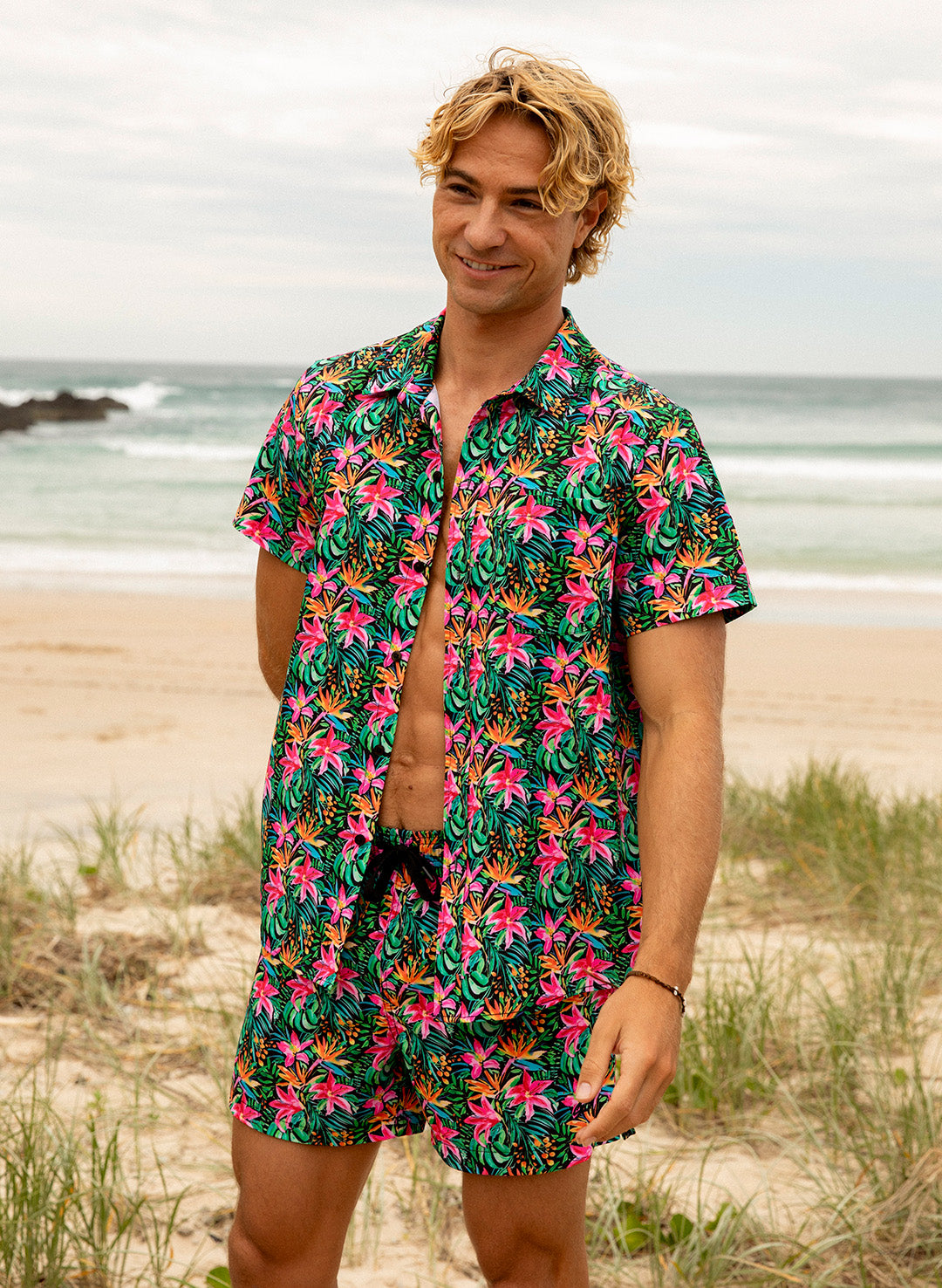 Tropical floral matching resort outfit — Salty Mermaid Island Bloom button down shirt and swim shorts for men