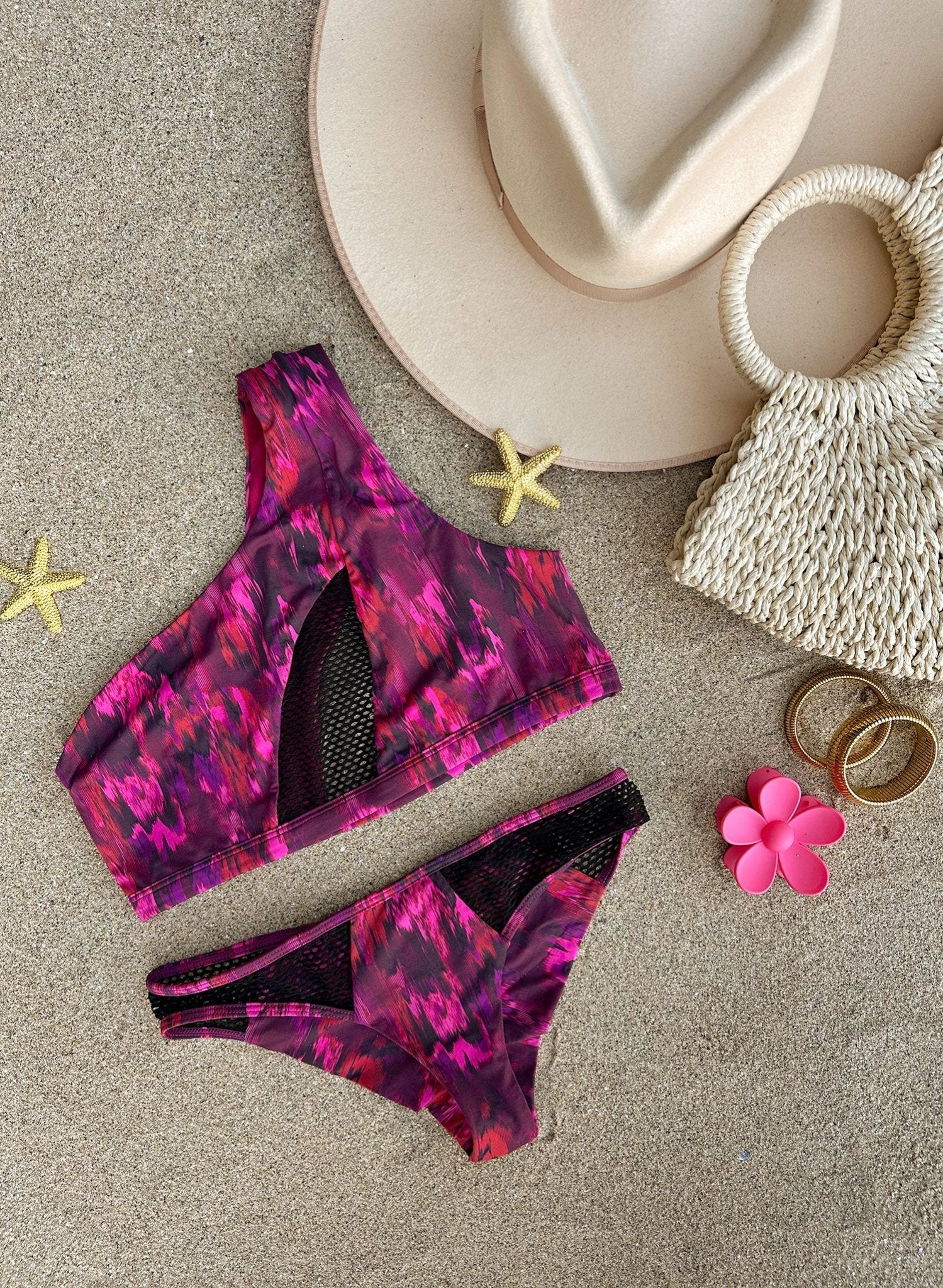 Lanika Mesh Bikini Bottom - Crimson Sunset Red Print