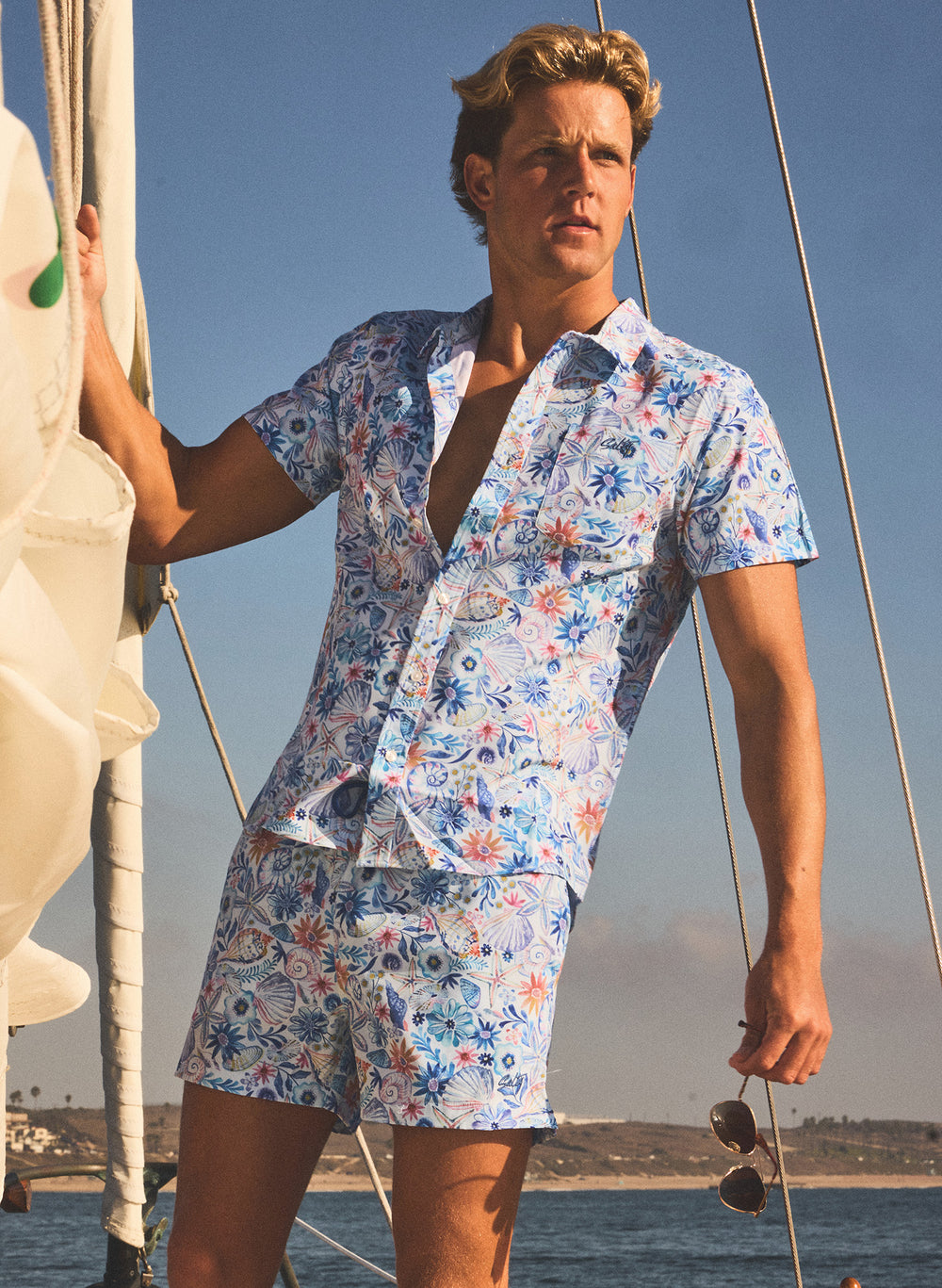 men's matching swimwear resortwear set - nautical print matching button down and swim trunks by Salty Mermaid Swimwear.