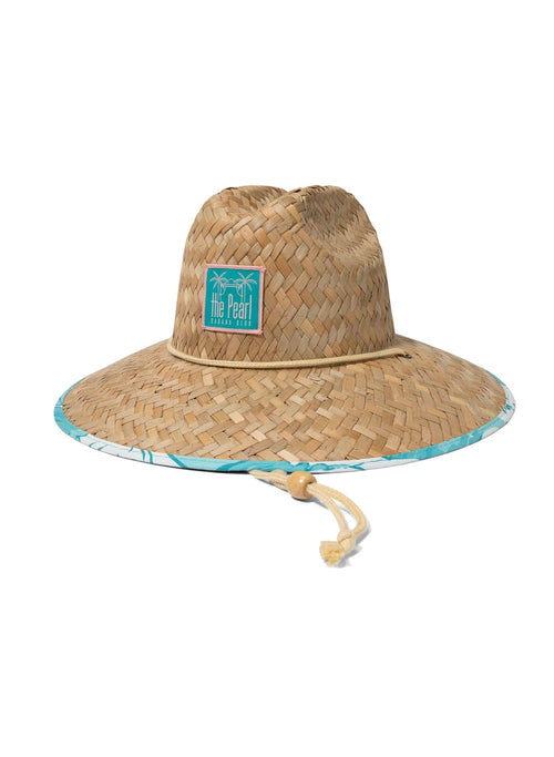 Salty Mermaid Pearl Cabana Club straw beach hat with wide brim, turquoise Japanese wave trim, and adjustable chin cord
