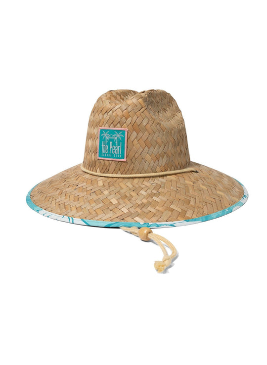 Salty Mermaid Pearl Cabana Club straw beach hat with wide brim, turquoise Japanese wave trim, and adjustable chin cord

