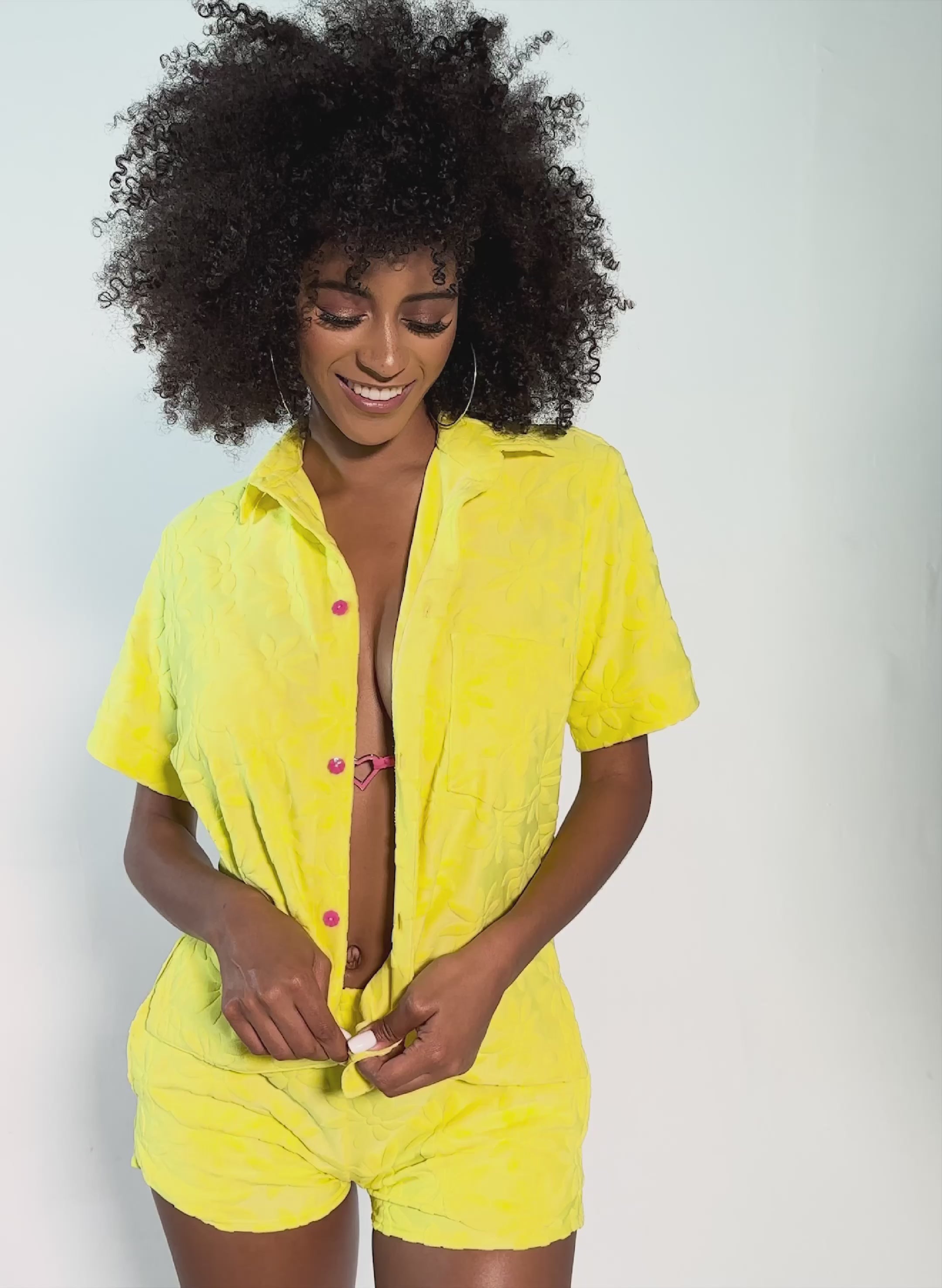 Cover-Up Daisy Embossed Terry Cloth Shirt- Ditsy Daisy Yellow
