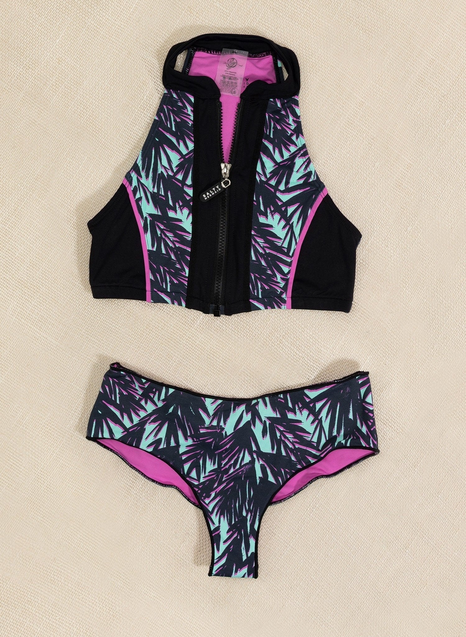 Riley Boy Short Bikini Bottom - Shady Beach Green Palm Leaf Print