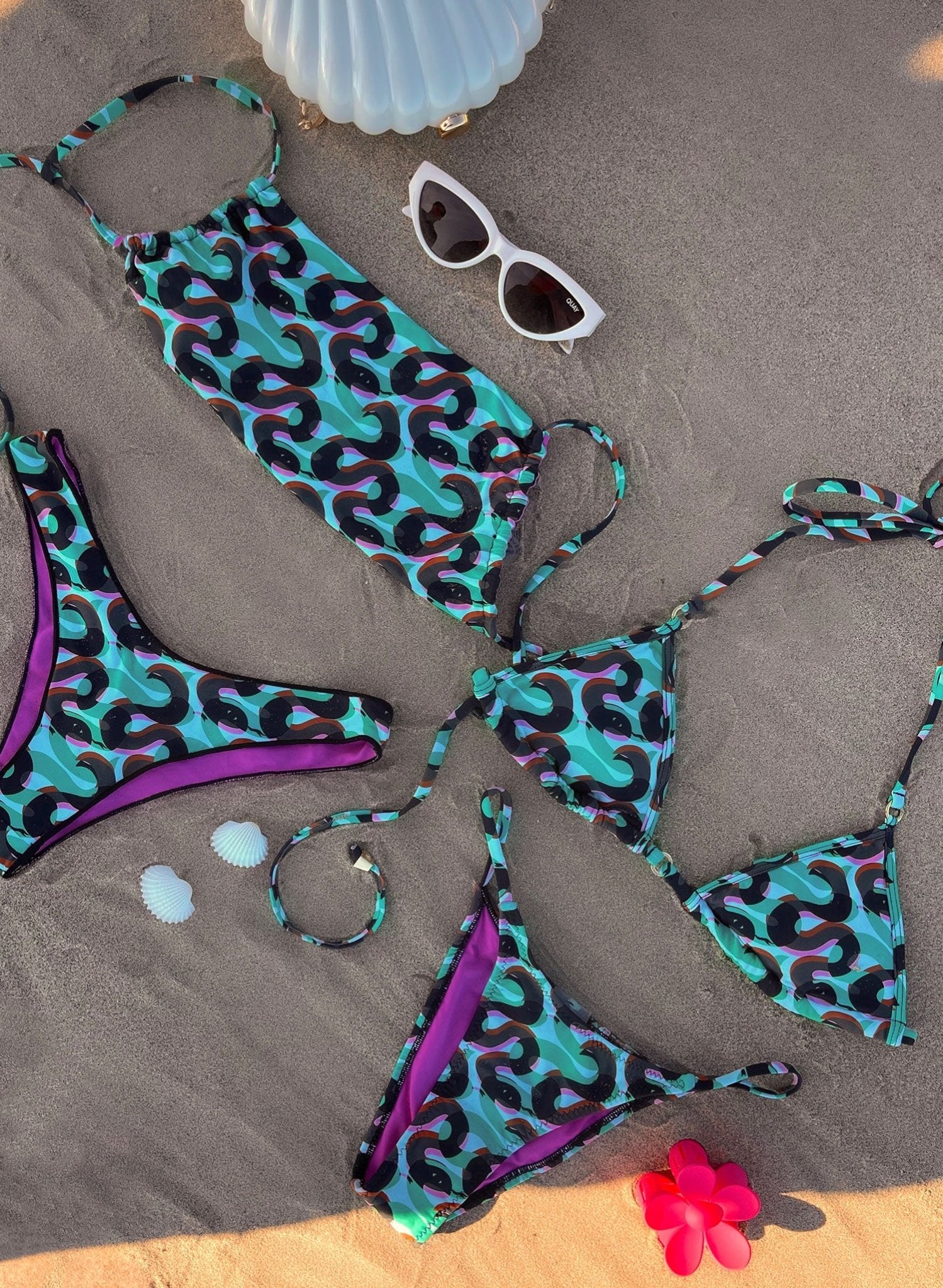 Rio High Hip String Bikini Bottom - Pit Viper Green Snake Print