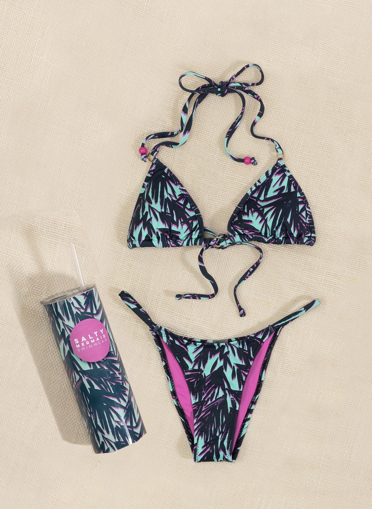 Rio High Hip String Bikini Bottom - Shady Beach Green Palm Leaf Print