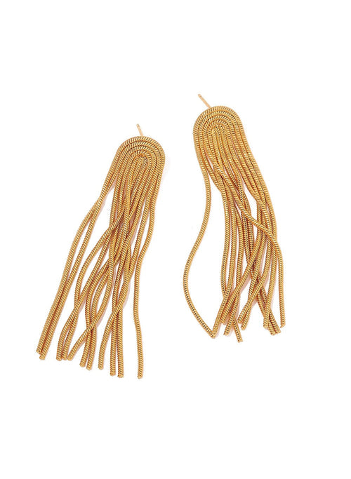 A pair of sahira addison gold-toned statement earrings with long, fringed, snake-like strands, displayed on a clean white background.