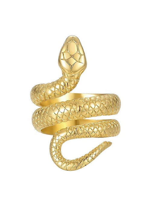 A gold sahira cleo snake ring sculpted in a coiled pose with detailed scales, set against a plain white background.
