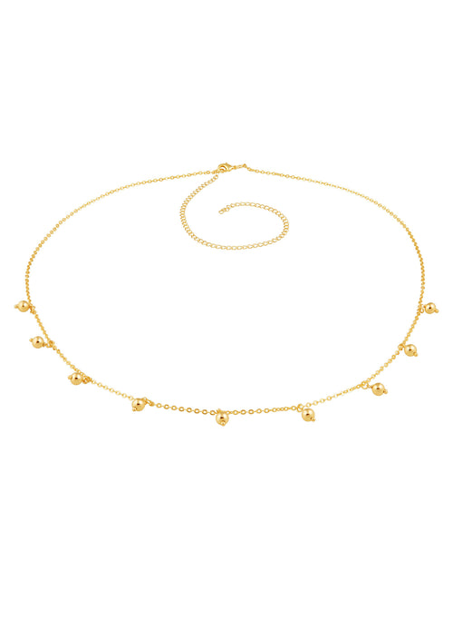 A shahira jewelry Sloan gold belly chain with small, evenly spaced teardrop-shaped bead charms, displayed on a clean white background.