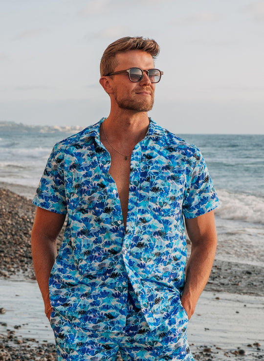 men's matching resortwear salty mermaid saltwater petals print - abstract ocean inspired watercolor pattern.
