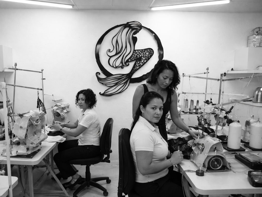 Ethical swimwear manufacturing at Salty Mermaid with sustainable production team creating eco-friendly luxury swimwear