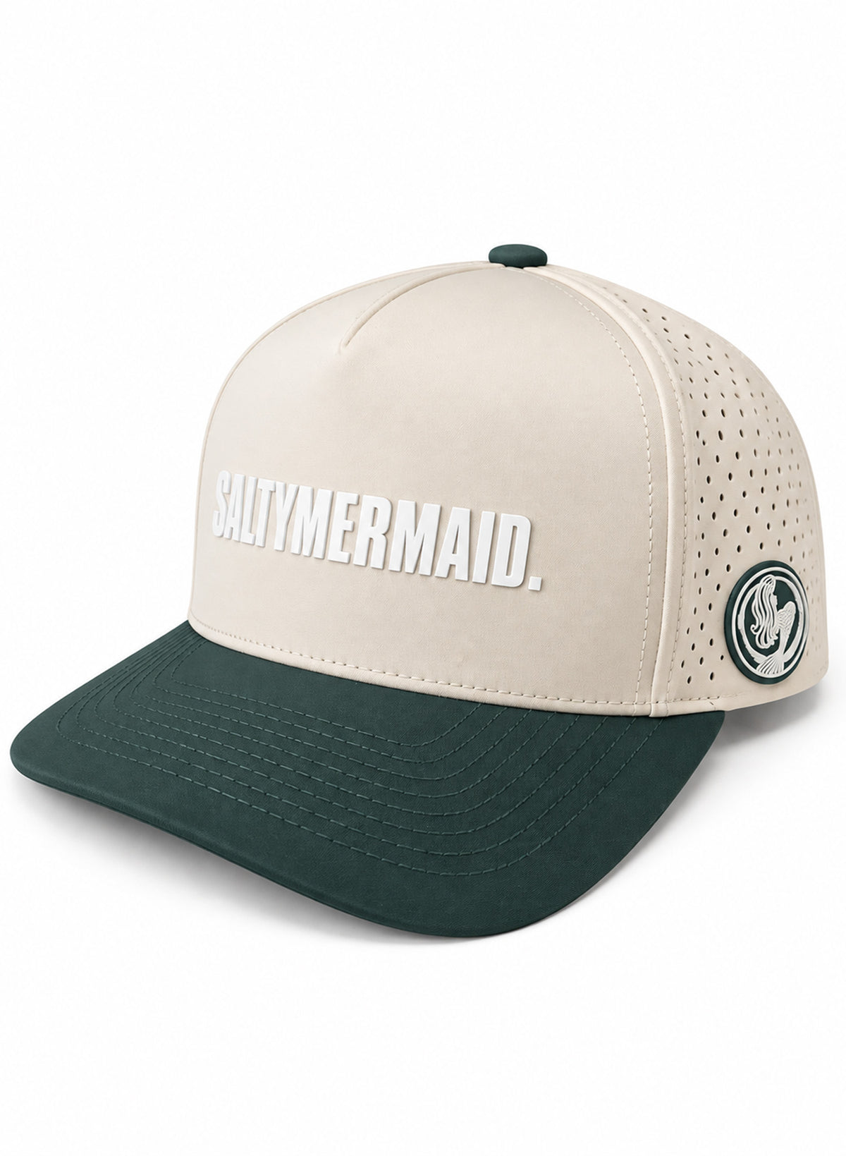Angled view of Salty Mermaid cream and forest green waterproof hat with raised white lettering and a circular mermaid side patch.
