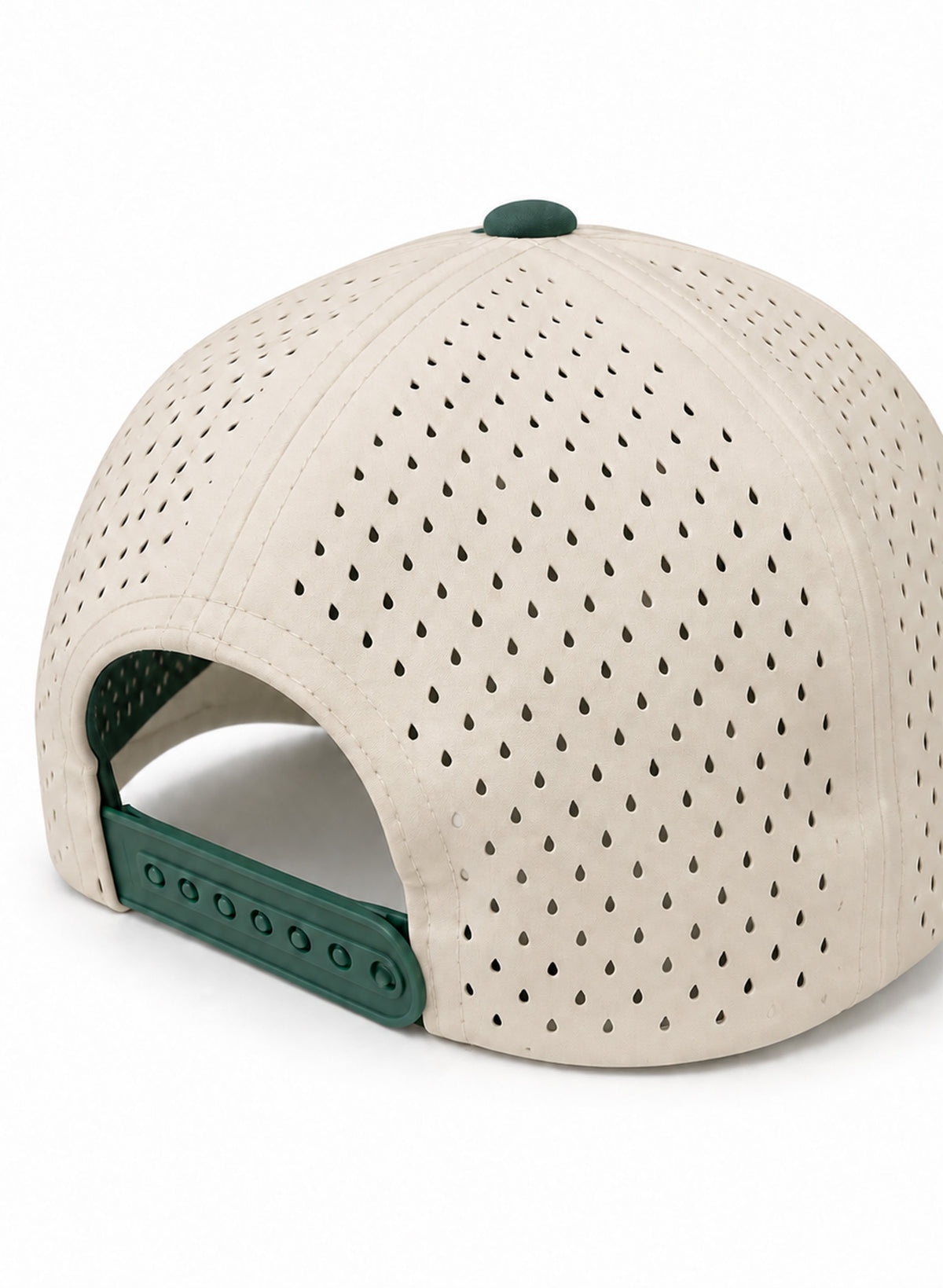Rear view of Salty Mermaid waterproof hat with cream perforated panels, an adjustable forest green snapback and matching top button.
