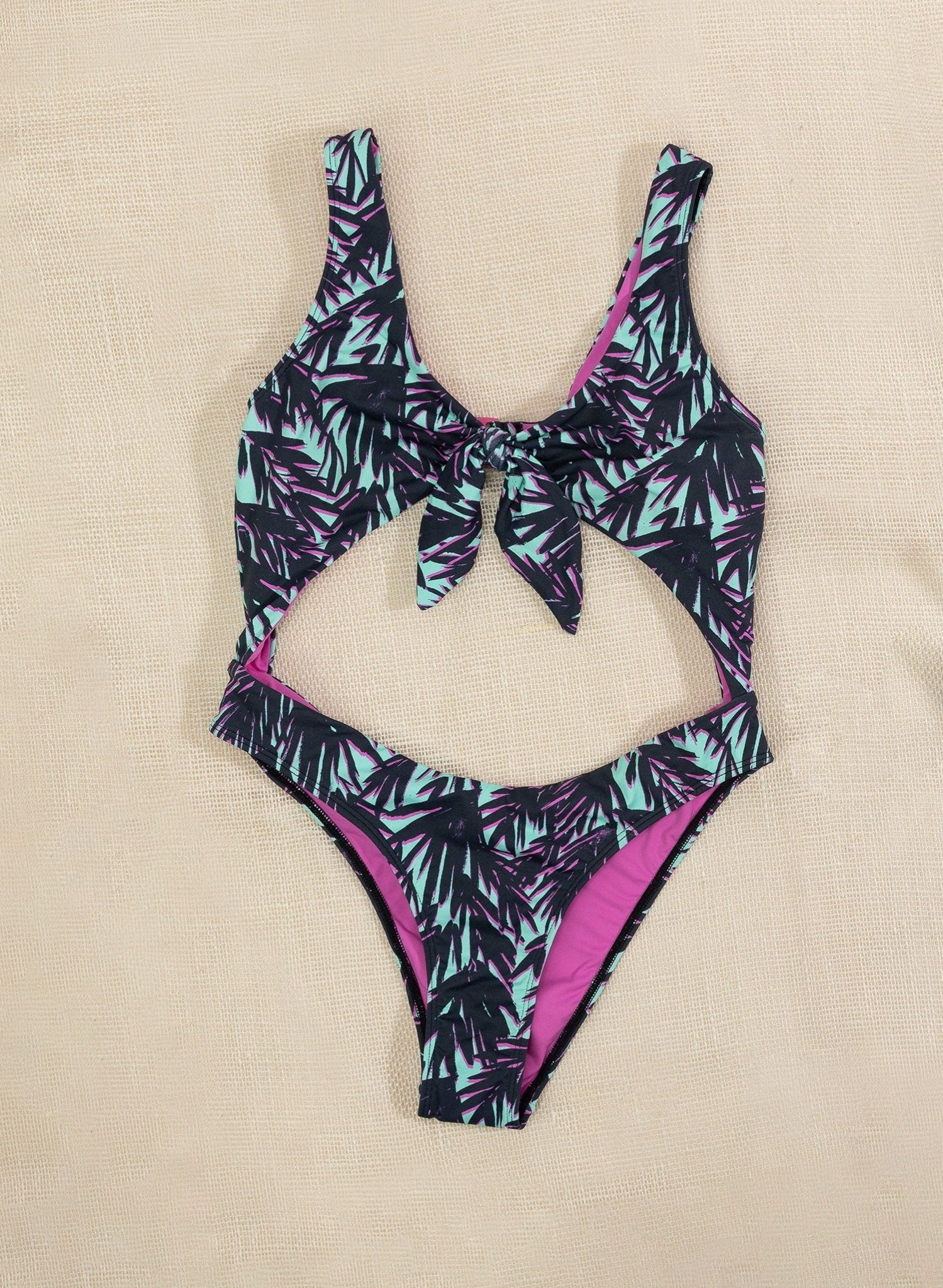 Siena Front Knot Monokini One Piece - Shady Beach Green Palm Leaf Print