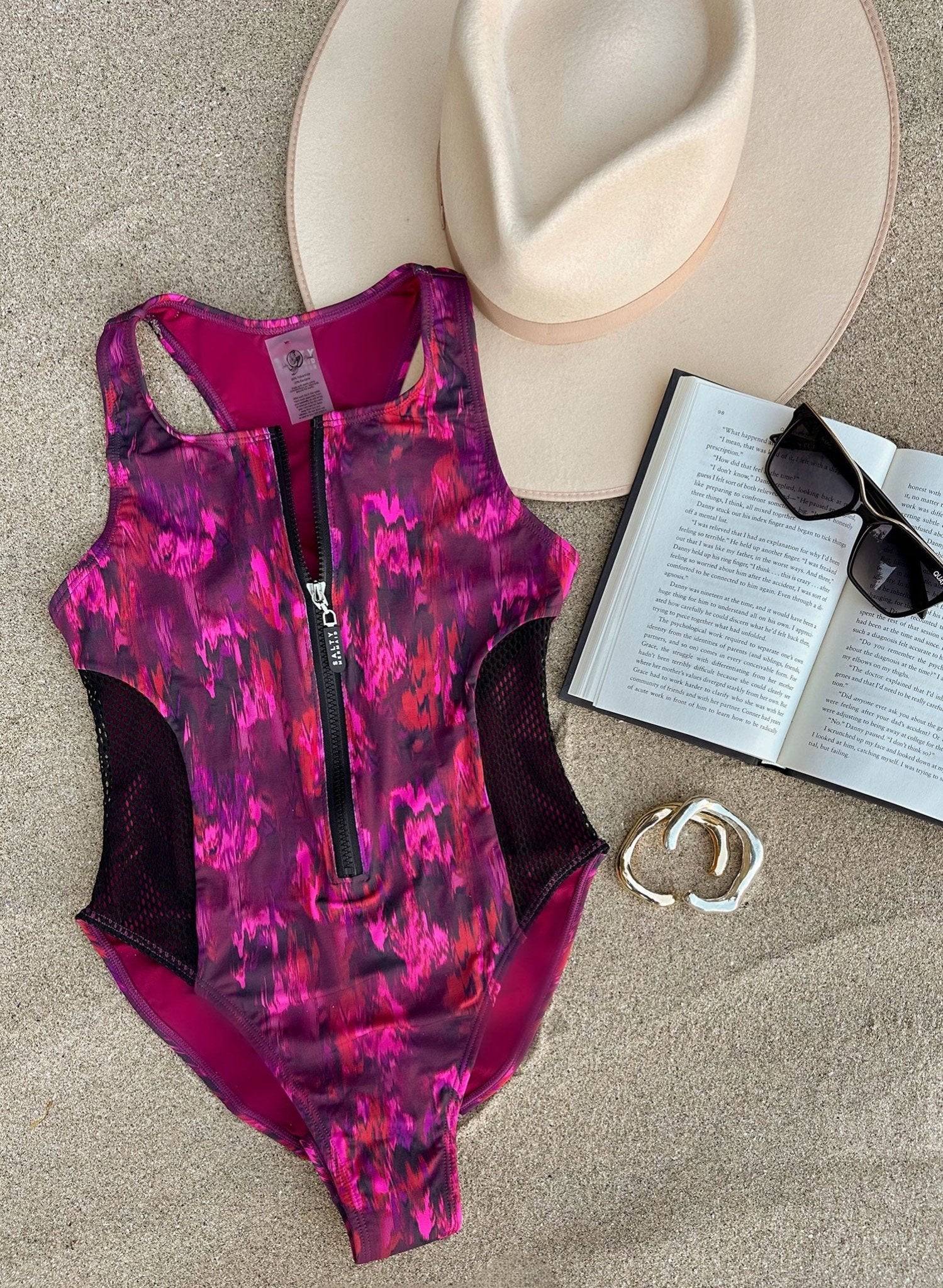 Spring Break Zipper Front Mesh Side One Piece Swimsuit - Crimson Sunset Red Print