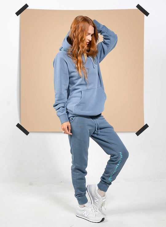Women’s slate blue surf hoodie and matching joggers by Salty Mermaid with drawcord hood and beach lounge fit