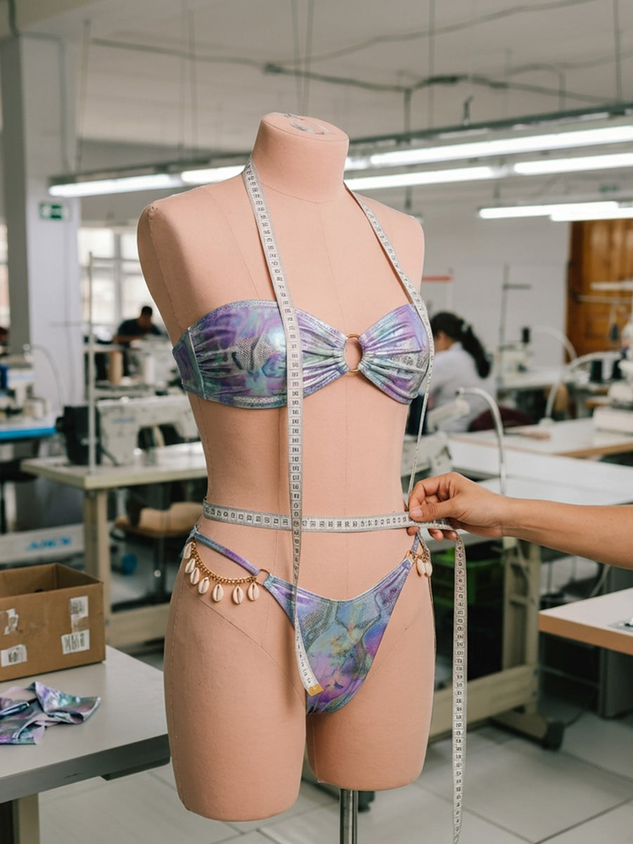 Sustainable swimwear design process at Salty Mermaid featuring a luxury bikini on mannequin in swimwear production studio