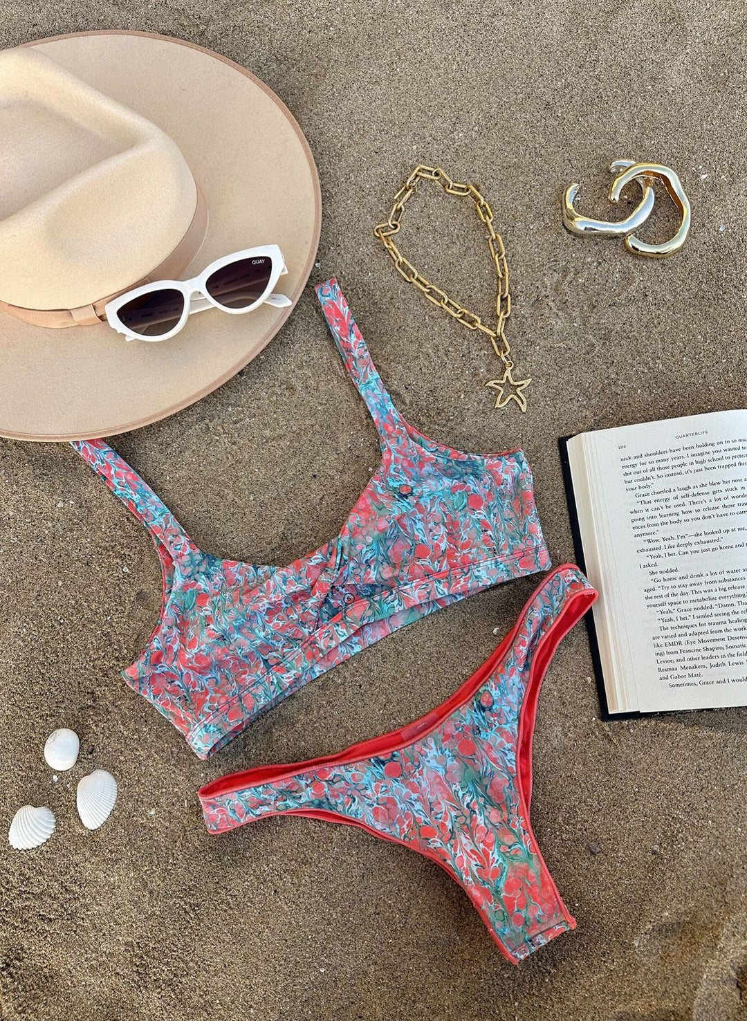 Tina Twist Bikini Top - Lava Lamp Coral Orange and Teal Print