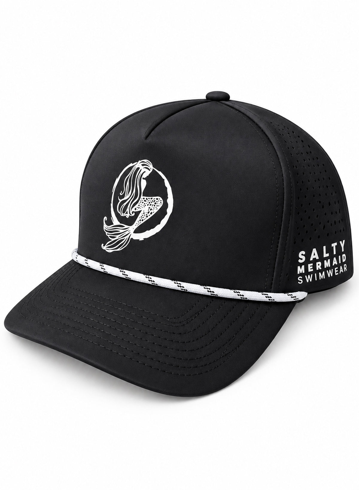 Angled view of Salty Mermaid black waterproof golf hat with white mermaid logo, nautical rope trim, and perforated sides.
