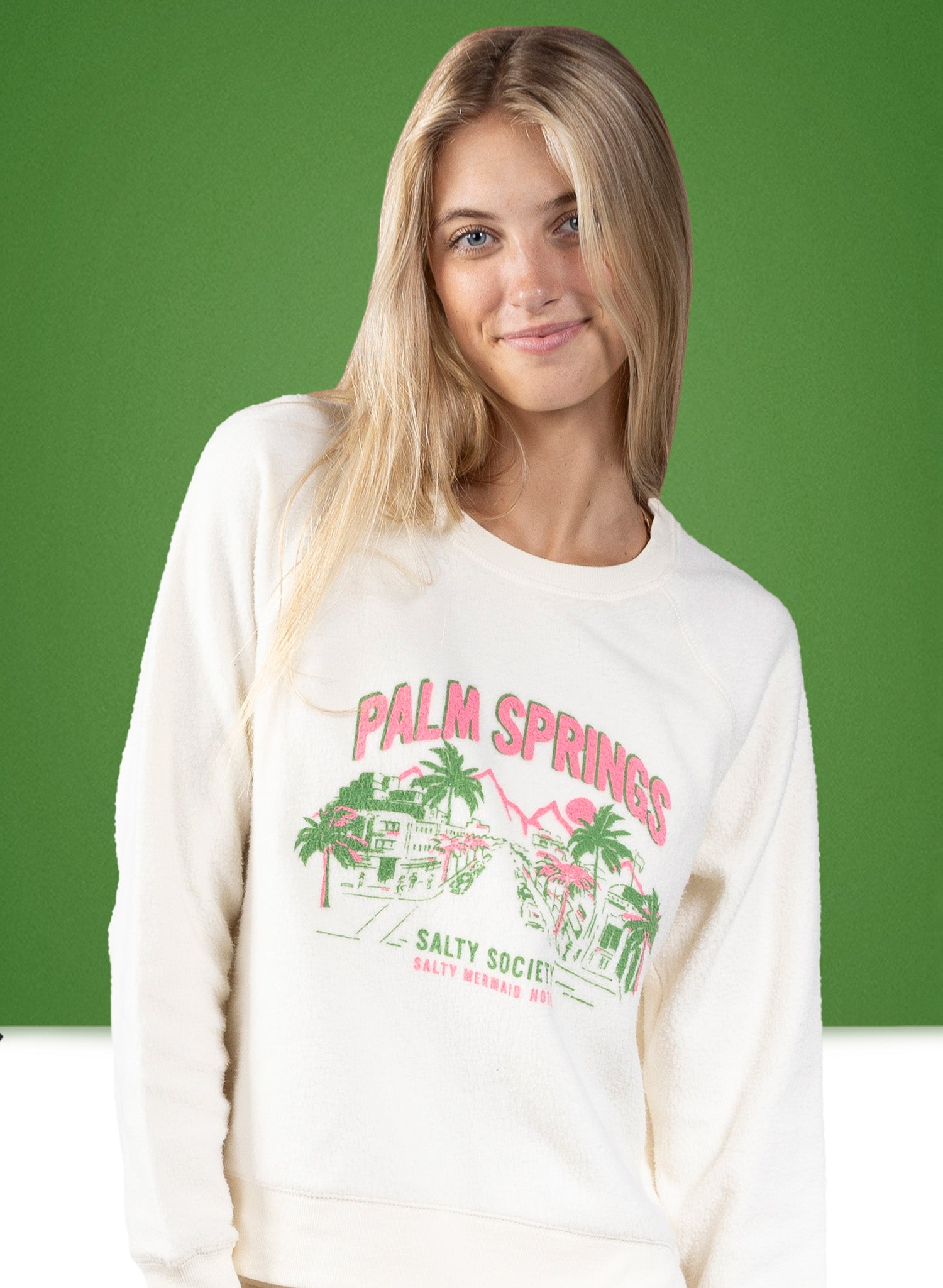 Salty Mermaid Palm Springs Hotel Collection crewneck sweatshirt in cream/green/pink.