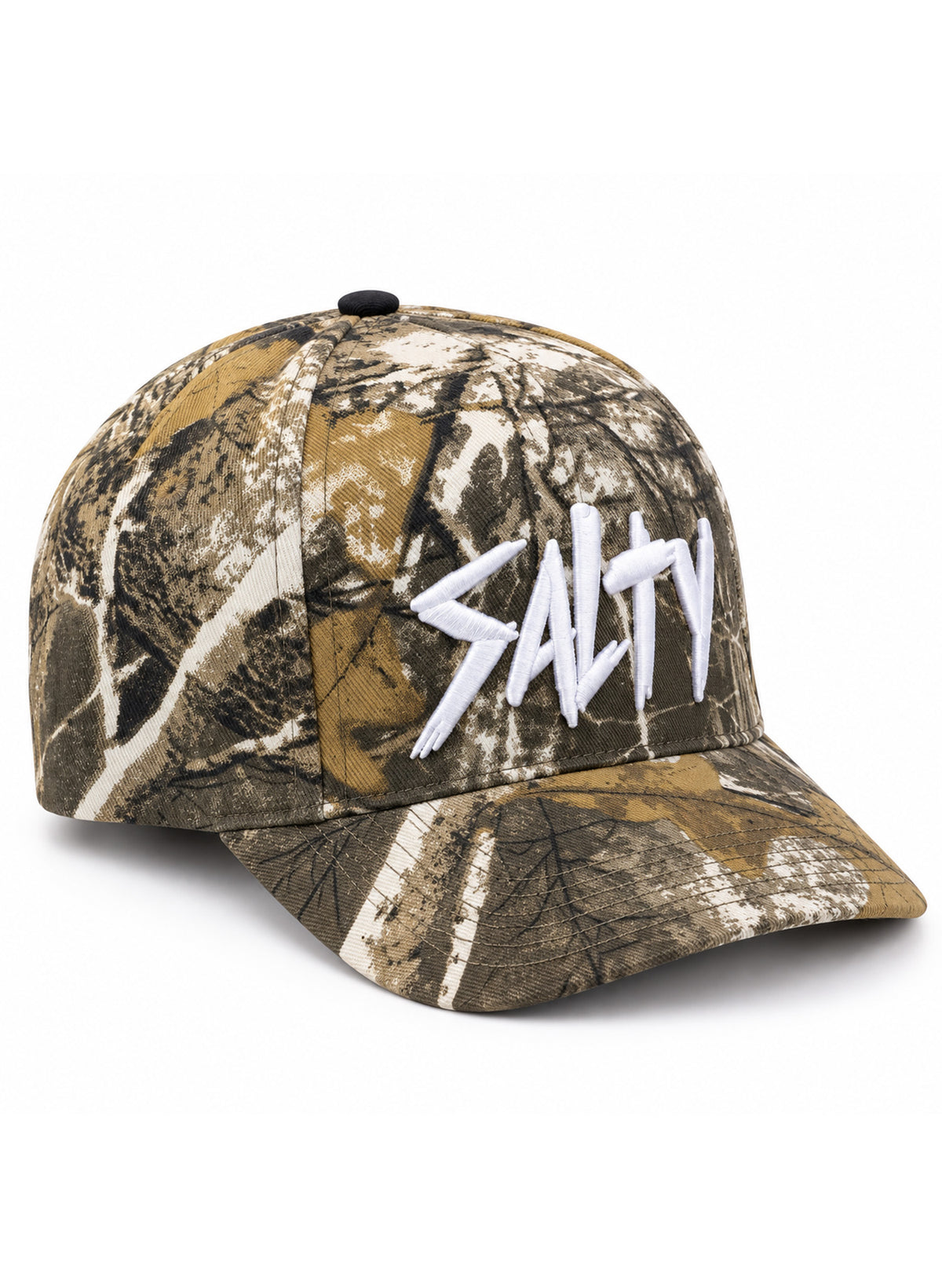Salty Mermaid camo hat with brown, olive, tan and cream woodland branches, showing the side panels and curved brim.

