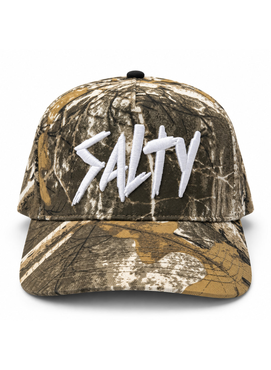 Front of Salty Mermaid snapback hat in brown, olive, tan and cream tree-branch camo with raised white SALTY embroidery.
