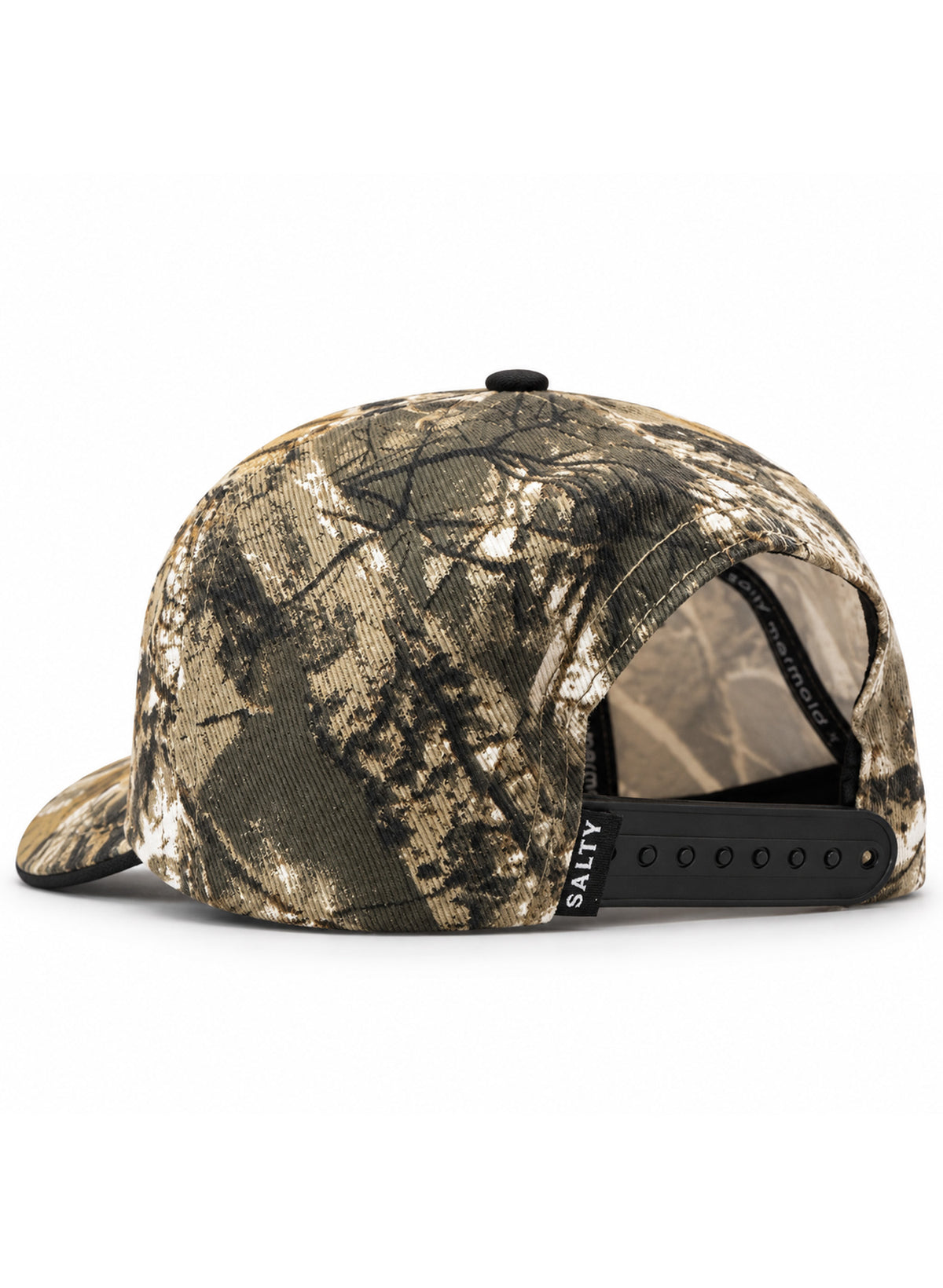 Rear of Salty Mermaid woodland camo hat in brown, olive and cream, with a black adjustable snapback and SALTY tag.
