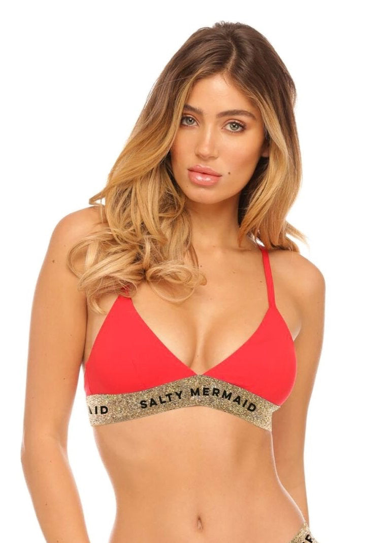 Front view of Cherry Bomb red banded bikini top with rose gold shimmer logo band on triangle bikini top