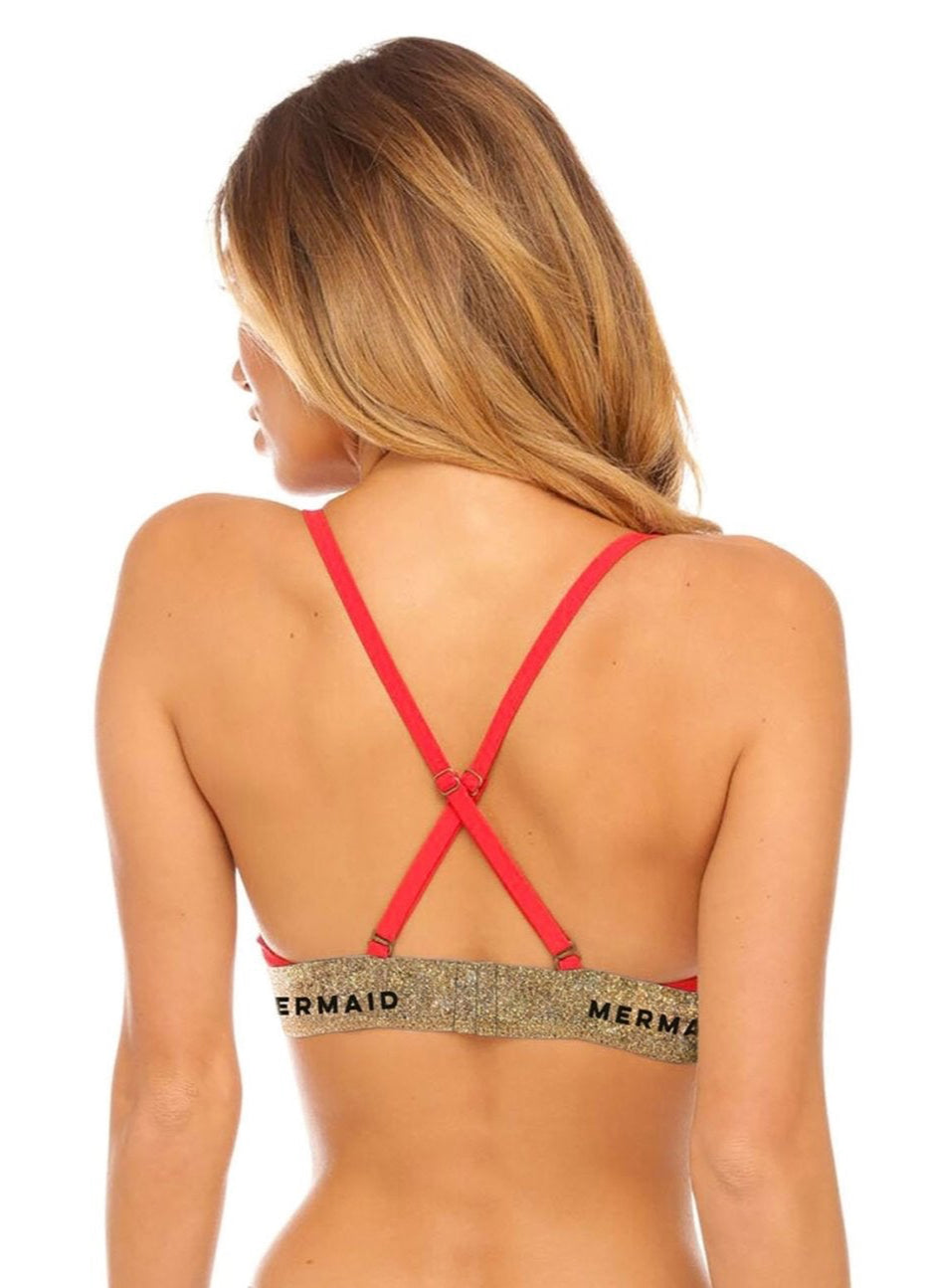 Back view of Cherry Bomb red banded bikini set with crisscross adjustable straps and logo elastic band bottom.
