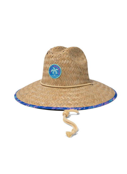 Bayside Twilight Sorbet straw sun hat with wide brim, adjustable chin cord and custom Salty Mermaid blue palm patch.