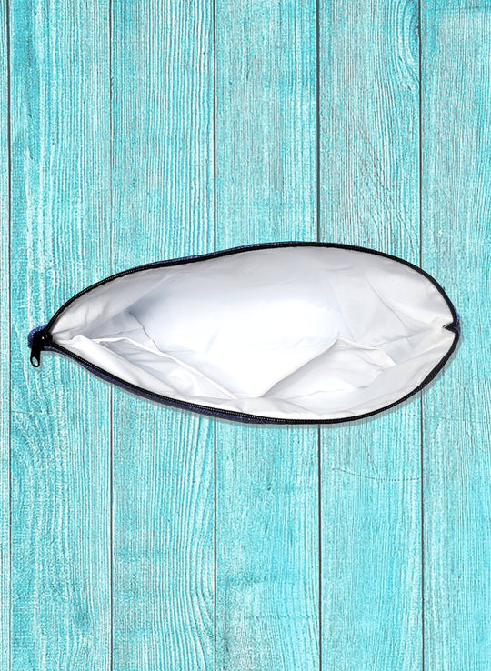 close up of top view of travel zip pouch for bikinis by salty mermaid swimwear.