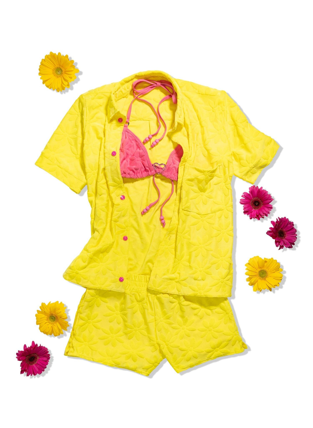 Cover-Up Daisy Embossed Terry Cloth Shirt- Ditsy Daisy Yellow