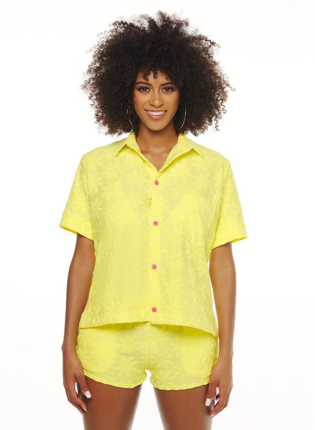 Cover-Up Daisy Embossed Terry Cloth Shirt- Ditsy Daisy Yellow