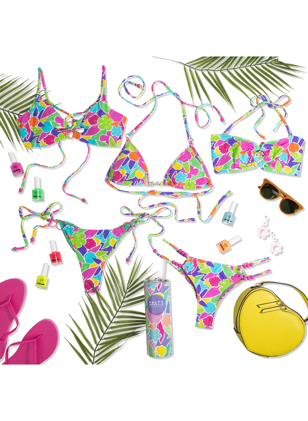 Dylan Double Strap Beaded Bikini Bottom - Blossom Neon Floral Print
