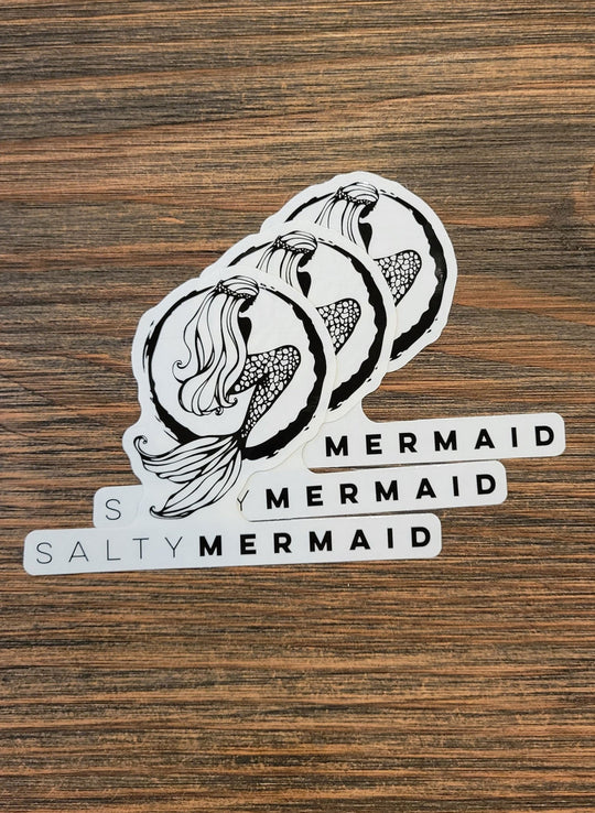 A set of 3 black vinyl stickers with the text 'Salty Mermaid' and a mermaid design.
