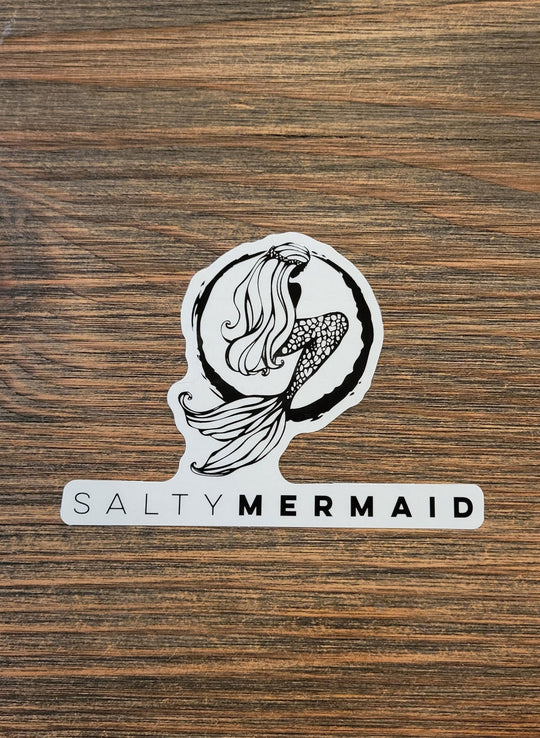 Black and White sticker of a mermaid with the text salty mermaid