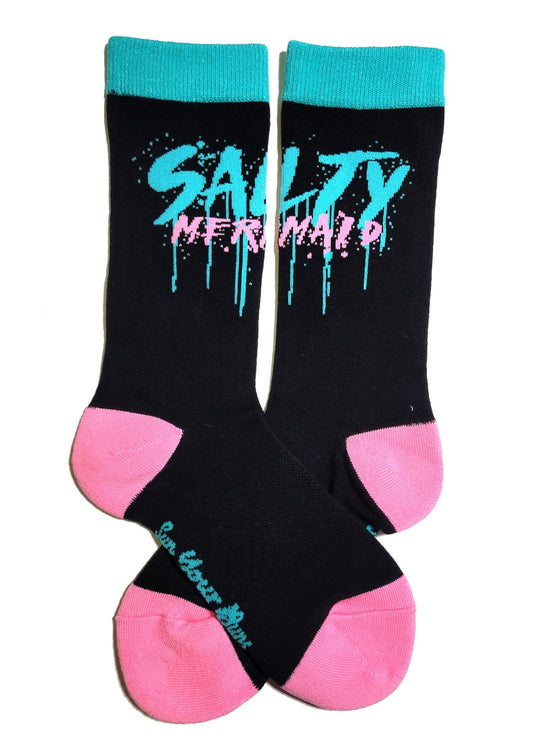 'Salty Mermaid' Graffiti Crew Socks | Black/Teal